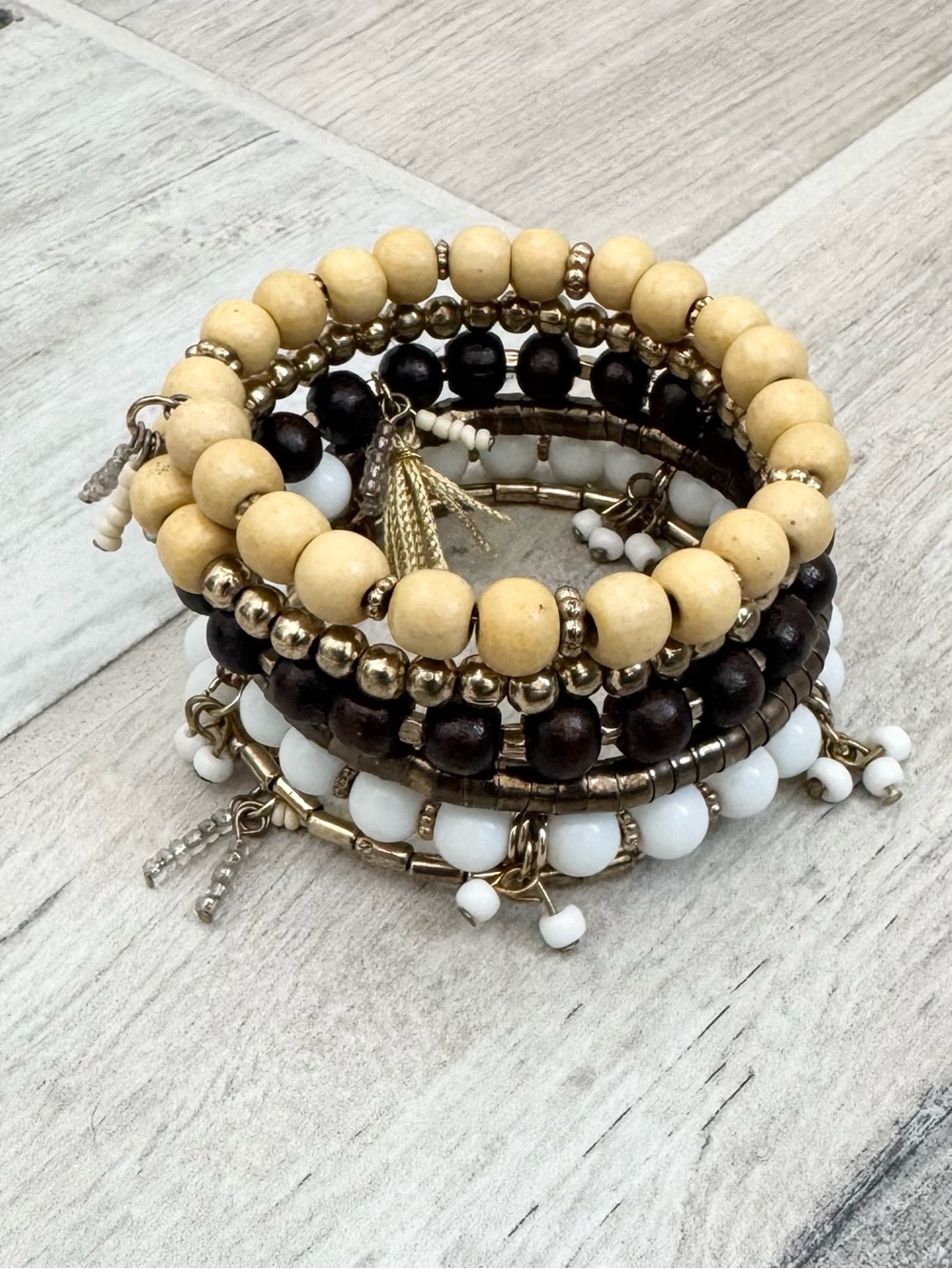 Yellow White Brown Beaded Spiral Bracelet